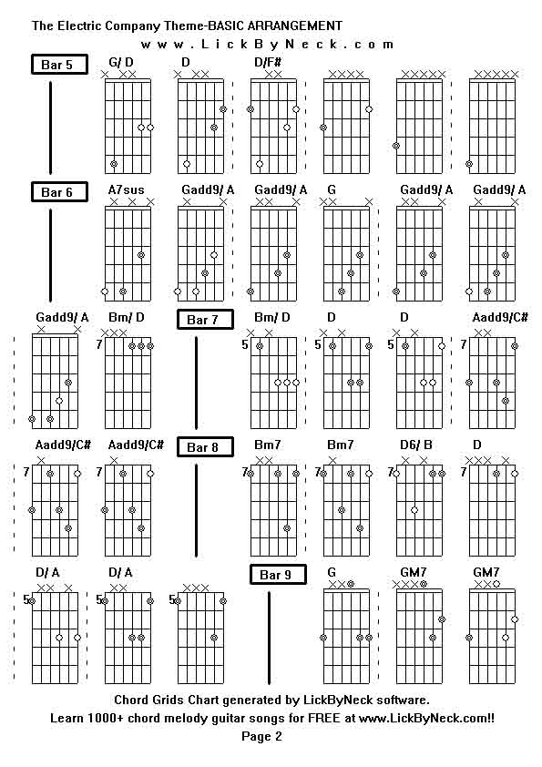 Chord Grids Chart of chord melody fingerstyle guitar song-The Electric Company Theme-BASIC ARRANGEMENT,generated by LickByNeck software.